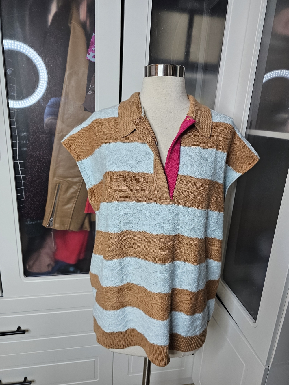 Maeve Striped Polo Knit Top in Light Blue & Camel with Pink Trim